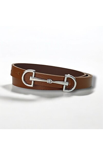 Kemerix 100% Genuine Leather Silver Buckle Thin Tan Belt