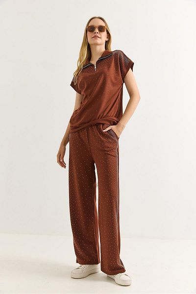 Raneel Kazançlı Alışveriş Mini Stone Zippered Short Sleeve Double Suit Brown