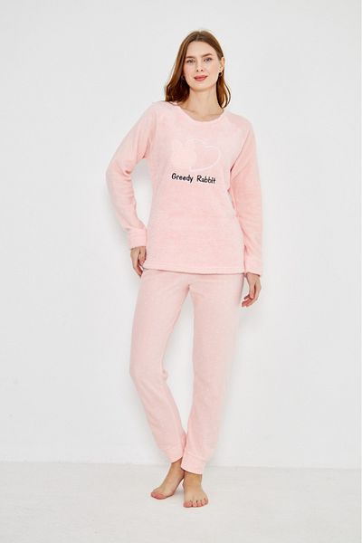Pajama Shop Women's Well Soft Fleece Pink Heart Rabbit Pattern Crew Neck Long Sleeve Winter Pajamas Set
