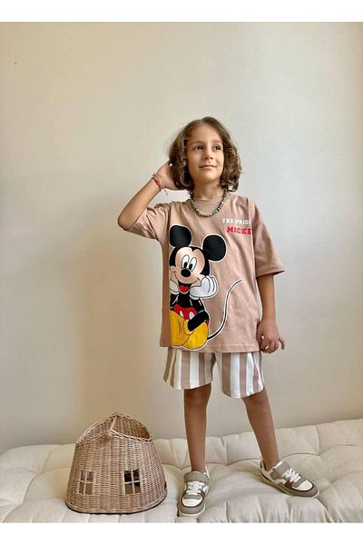 YİGİT BUTİK Yigit Butik Printed Striped Shorts Boys' Bottom Top Set
