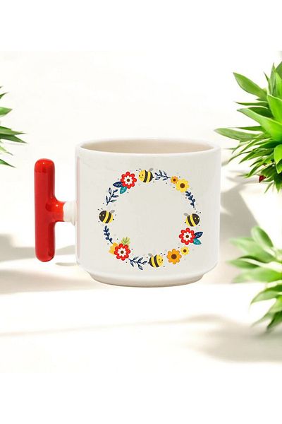 BB TRADE Red T-Handled Ceramic Printed Mug with Flower and Bees Design 250 ml