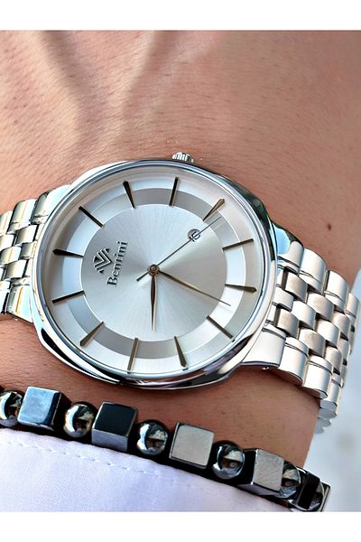 Bentini Men's Wrist Watch with Calendar – Steel Band, Waterproof, 2-Year Warranty, Gift Bracelet