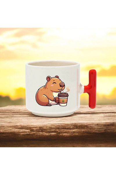 BB TRADE Cute Capybara Designed Red T-Handle Ceramic Printed Mug 250 ml