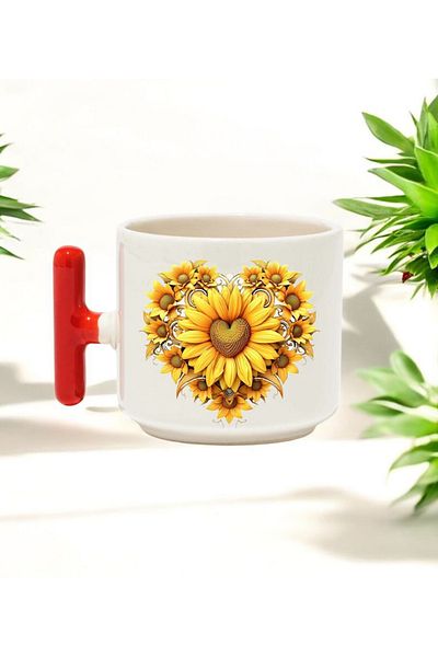 BB TRADE Flower Design Red t Handle Ceramic Printed Mug Cup 250 ml