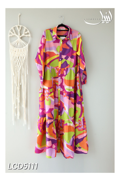 LINELLE فستان بطباعة تجريدية على شكل حرف A - متعدد الألوان - بحاشية واسعة وأز...