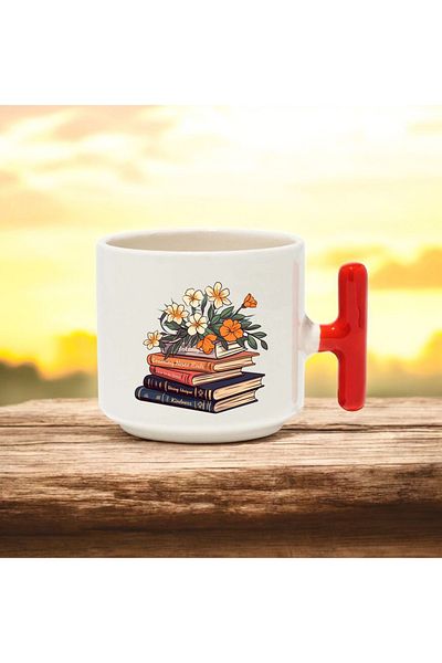 BB TRADE Books Designed Red t Handle Ceramic Printed Mug Cup 250 ml
