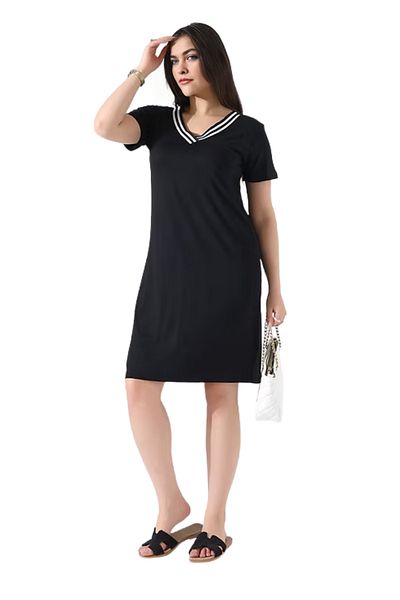 Modasultan White Stripe V-Neck Full Stretch Ribbed Combed Cotton Dress