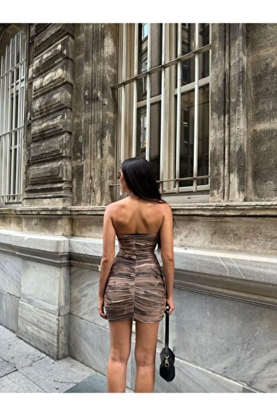 Modafeminen Strapless Neckline Gathered Mini Tulle Dress 583021 Brown