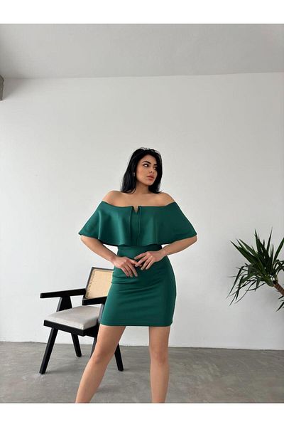 Modafeminen Μίνι φόρεμα Scuba Off Shoulder 58985 Emerald