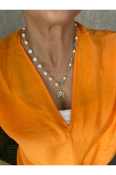 Byoz store Pearl and Blue Bead Row Eye Charm Necklace