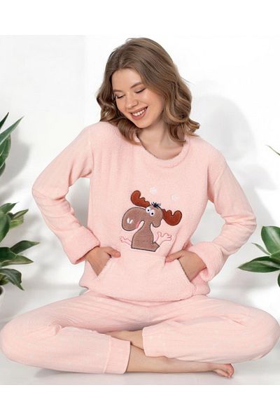 Pajama Shop Women's Well Soft Fleece Set Pink Deer Pattern Crew Neck Long Sleeve Winter Pajama Set