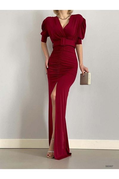 Modafeminen Double Breasted Collar Belt Front Slit Sandy Dress 582464 Bordo