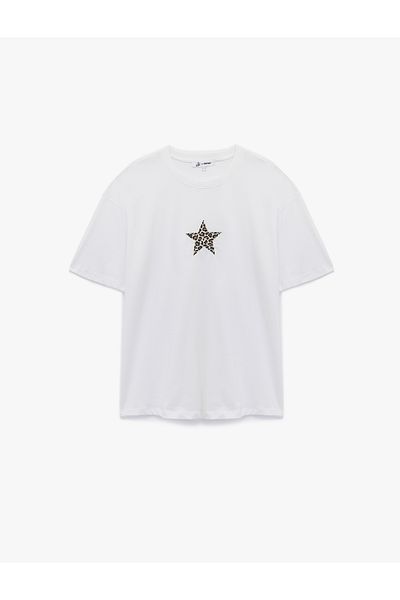 Koton Comfortable Fit Short Sleeve Crew Neck Cotton Leopard Detailed Star Printed T-Shirt