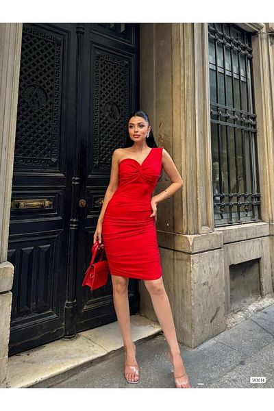 Modafeminen One Sleeve Chest Detailed Gathered Dress 583014 Red