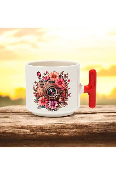 BB TRADE Red T-Handled Ceramic Printed Mug with Flower Camera Design 250 ml