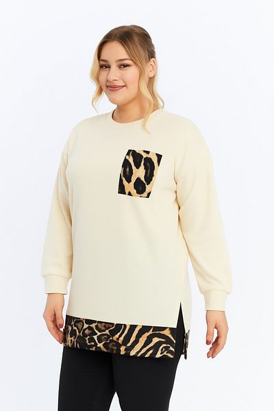 Birol Triko Women's Cream Leopard Pattern Tunic