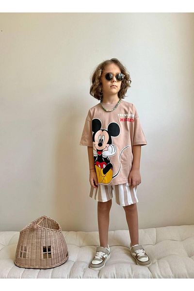 YİGİT BUTİK Yigit Butik Printed Striped Shorts Boys' Bottom Top Set