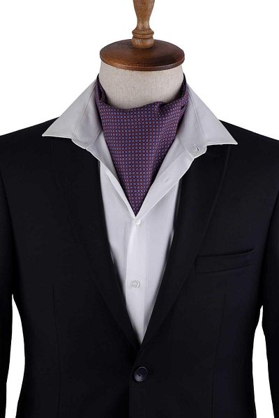 Kravatkolik Burgundy - Blue Polka Dot Pattern Italian Silk Ascot K651
