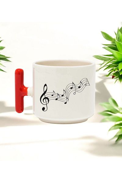 BB TRADE Music Notes Designed Red t Handle Ceramic Printed Mug Cup 250 ml