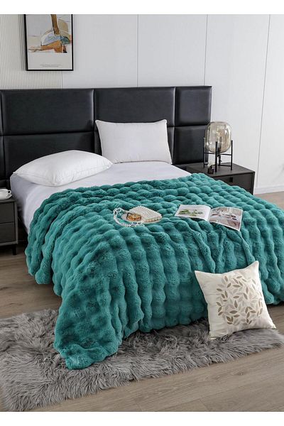 FIONNA.RO Rabbit Faux Fur Blanket With Zipper - Turquoise