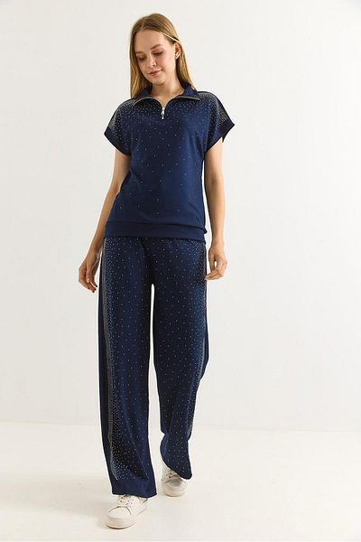 Raneel Kazançlı Alışveriş Mini Stone Zippered Short Sleeve Double Suit Navy Blue