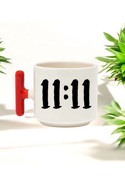 BB TRADE 11:11 Designed Red t Handle Ceramic Printed Mug 250 ml
