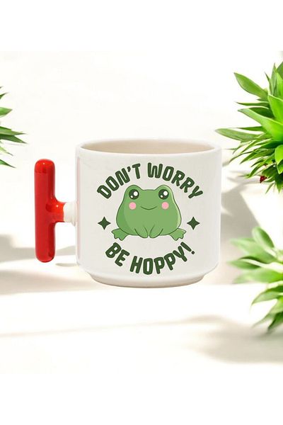 BB TRADE Don'T Worry Be Happy Designed Red T-Handle Ceramic Printed Mug 250 ml