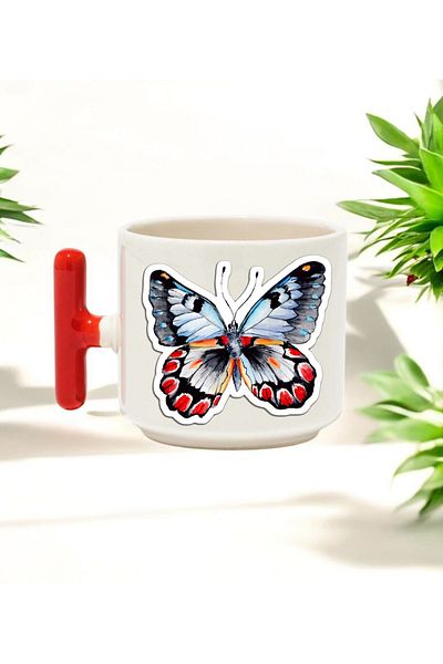 BB TRADE Butterfly Design Red t Handle Ceramic Printed Mug Cup 250 ml