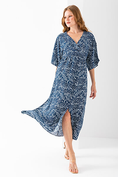 GİYSA Γυναικείο κοντομάνικο φόρεμα με μοτίβο με διπλό γιακά Navy Blue - 25Y F...