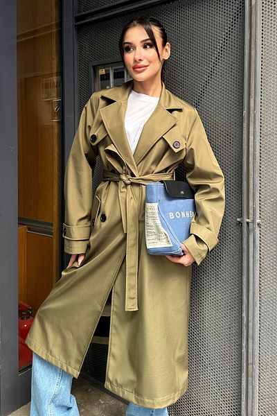 moda armanc Γυναικεία μακριά καμπαρντίνα με διπλό γιακά με δεμένη μέση - Χακί 9358