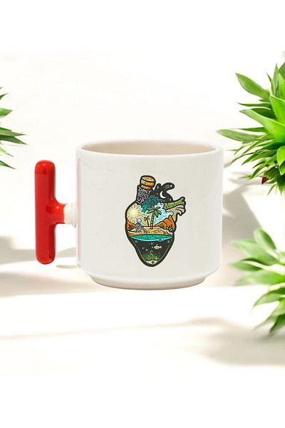 BB TRADE Holiday Designed Red t Handle Ceramic Printed Mug 250 ml