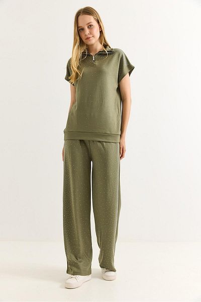 Raneel Kazançlı Alışveriş Mini Stone Zippered Short Sleeve Double Suit Green