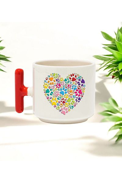 BB TRADE Red T-Handled Ceramic Printed Mug with Paw Heart Design 250 ml