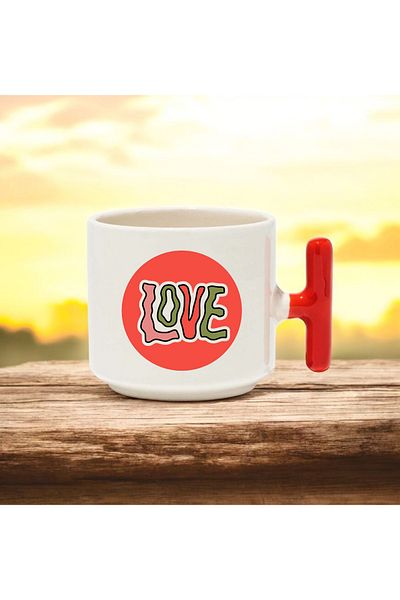 BB TRADE Love Patterned Designed Red t Handle Ceramic Printed Mug Cup 250 ml