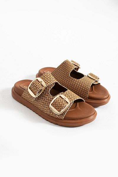 Güllü Shoes Καφέ καλοκαιρινές γυναικείες παντόφλες με χρυσή αγκράφα Ψάθινη ζώνη Εξαιρετικά άνετη ορθοπεδική σόλα