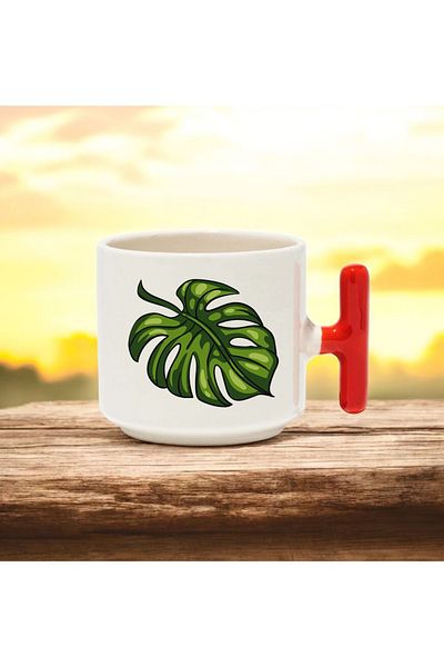 BB TRADE Green Plant Designed Red t Handle Ceramic Printed Mug Cup 250 ml