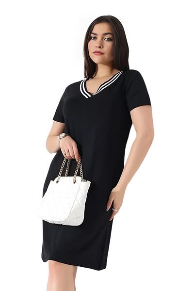 Modasultan White Stripe V-Neck Full Stretch Ribbed Combed Cotton Dress