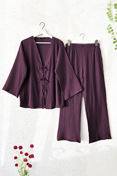 MODAQU Önü İp Bağcıklı Krinkıl Kimono Pantolon İkili Takım - Mor