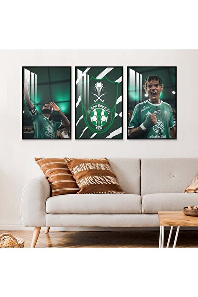 Marktna ثلاث لوحات جدارية خشبية بتصميم رياضي لنادي الأهلي مع برواز خشبي اسود و طبقة من الاكريلك الشفاف