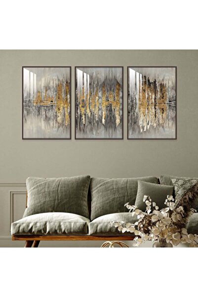 SND ثلاث لوحات جدارية خشبية بتصميم تجريدي مع برواز خشبي شامبين و طبقة من الاك...