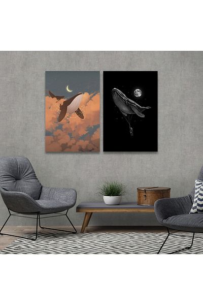 4gdran Whale Design Duo Canvas Painting with Hollow Gold Frame