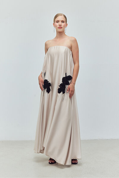 Bohai Design Ekru Bej Renk Straplez Uzun Şık Davet Özel Gün Elbisesi