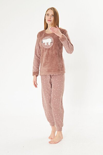 Pajama Shop Дамски комплект пижама с дълги ръкави от мека текстурирана зимна флийсова материя с мотив на кафява мечка