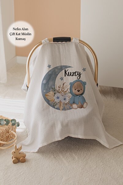 Lilabio %100 Pamuk İsme Özel Çift Katlı Müslin Puset Örtüsü - Ayıcık