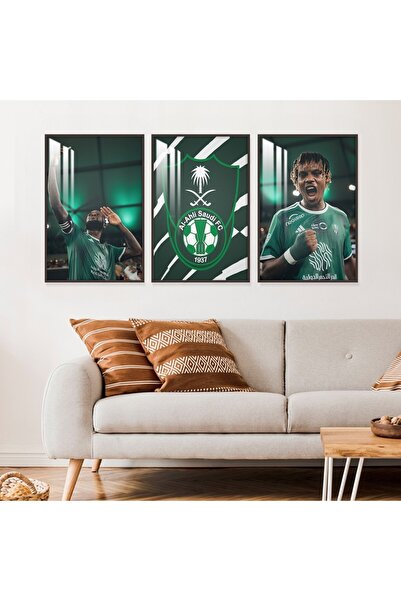 Marktna ثلاث لوحات جدارية خشبية بتصميم رياضي لنادي الأهلي مع برواز خشبي بني و طبقة من الاكريلك الشفاف