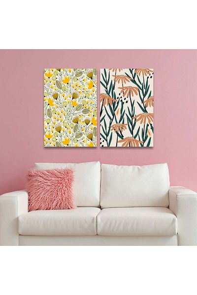4gdran Double canvas painting with a floral design and a hidden wooden frame