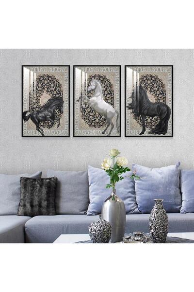 SND ثلاث لوحات جدارية خشبية بتصميم حصان مع برواز خشبي اسود و طبقة من الاكريلك...