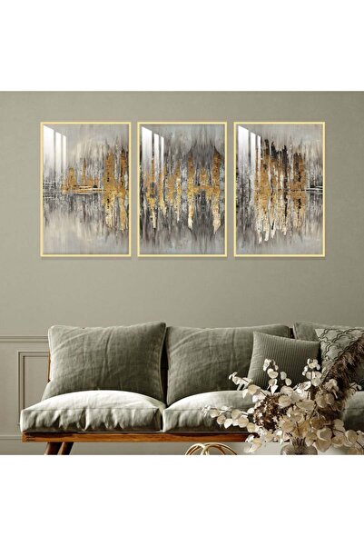 4gdran ثلاث لوحات جدارية خشبية بتصميم تجريدي مع برواز خشبي ذهبي و طبقة من الا...