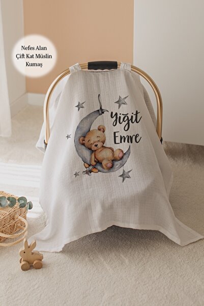 Lilabio %100 Pamuk İsme Özel Çift Katlı Müslin Puset Örtüsü - Ayıcık