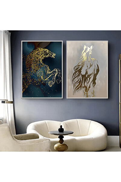 Marktna لوحة قماشية ثنائية بتصميم حصان مع برواز فضي مجوف